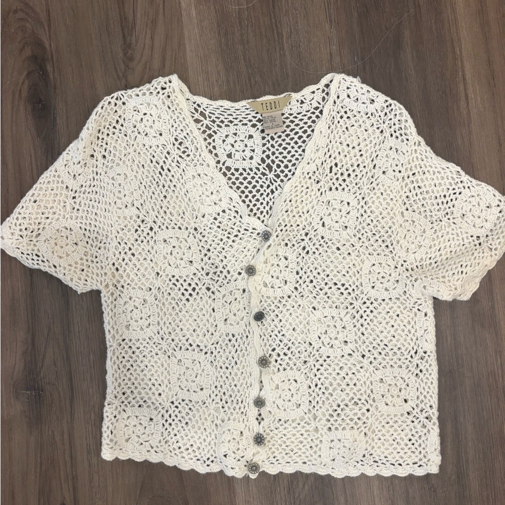 Teddi Cream Crochet Button-Front Short Sleeve Cardigan
